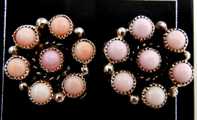 Navajo Pink Conch And Sterling Silver Cluster Post Earrings