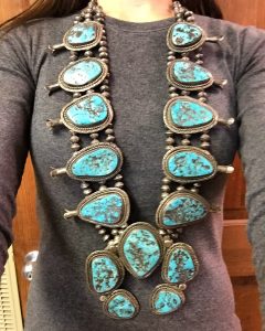 Vintage Native American turquoise and sterling silver squash blossom necklace