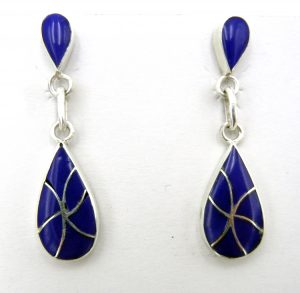 Zuni lapis and sterling silver inlay dangle earrings by Orlinda Natewa