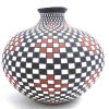 Acoma handmade and hand painted polychrome eyedazzler design jar with scalloped rim
