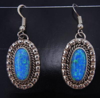 Navajo blue lab opal and sterling silver dangle earrings by Priscilla Smith