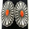 Navajo large sterling silver and orange spiny oyster shell concho style earrings by Rita Lee