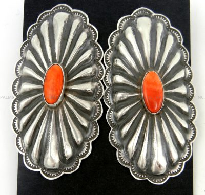 Navajo large sterling silver and orange spiny oyster shell concho style earrings by Rita Lee