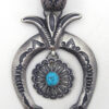 Navajo sandcast sterling silver and turquoise naja pendant by Linberg and Eva Billah