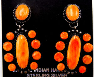 Navajo orange spiny oyster and brushed sterling silver cluster post dangle earrings by Arthur Brown