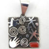 Navajo square sterling silver petroglyph style pendant with coral by Alex Sanchez