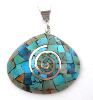 Santo Domingo turquoise and sterling silver inlay shell pendant by Ambrosio Chavez