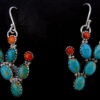 Navajo turquoise, red spiny oyster shell and sterling silver prickly pear cactus dangle earrings by Ted Secatero