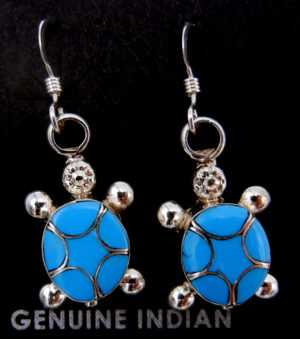 Zuni turquoise and sterling silver inlay turtle dangle earrings