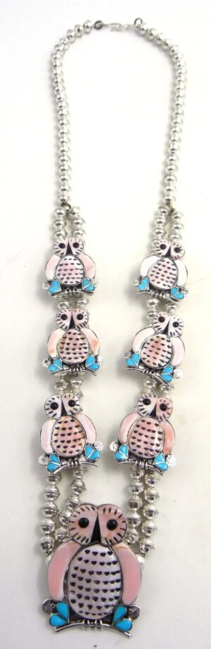 Zuni Pink Conch, Turquoise and Jet Inlay and Sterling Silver Owl Necklace and Earring Set