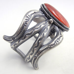 Navajo Eugene Mitchell Sandcast Sterling Silver and Red Spiny Oyster Shell Cuff Bracelet