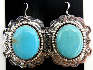 Navajo large turquoise and sterling silver dangle earrings by Leonard and Racquel Hurley