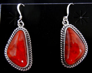 Navajo red spiny oyster shell and sterling silver dangle earrings