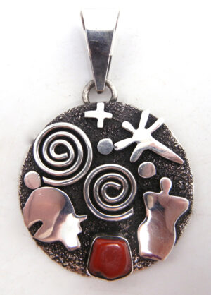 Navajo round sterling silver and coral petroglyph style pendant by Alex Sanchez