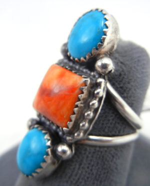 Navajo Double Turquoise, Orange Spiny Oyster Shell and Sterling Silver Ring