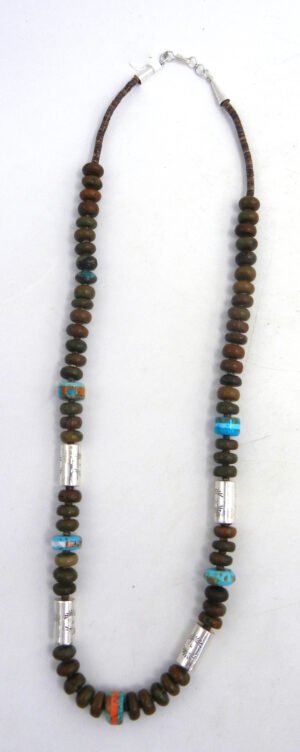 Santo Domingo turquoise bead and sterling silver cylinder necklace by Ronald Chavez