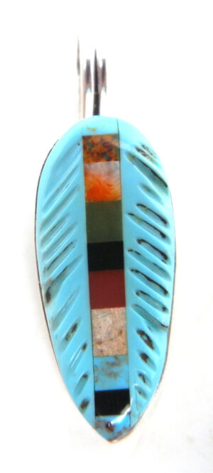 Santo Domingo turquoise and multi-stone inlay feather pendant by Ronald Chavez