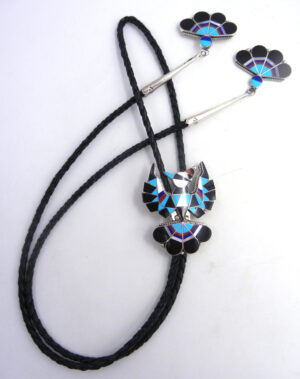 Zuni multi-stone inlay and sterling silver thunderbird bolo tie by Delwin Gasper