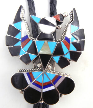 Zuni Delwin Gasper Multi-Stone Inlay and Sterling Silver Thunderbird Bolo Tie