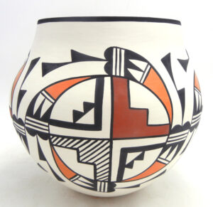 Acoma handmade and hand painted polychrome weather and feather design jar by David Antonio