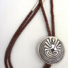 Navajo sterling silver overlay man in the maze bolo tie on brown leather by Christopher Hoskie