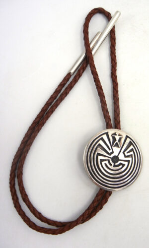 Navajo sterling silver overlay man in the maze bolo tie on brown leather by Christopher Hoskie