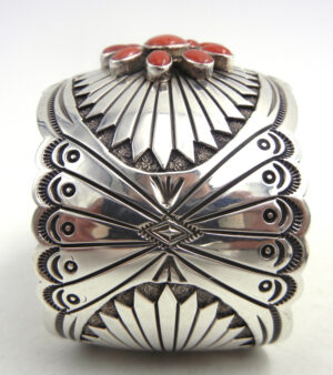 Navajo Sterling Silver and Coral Concho Style Cuff Bracelet