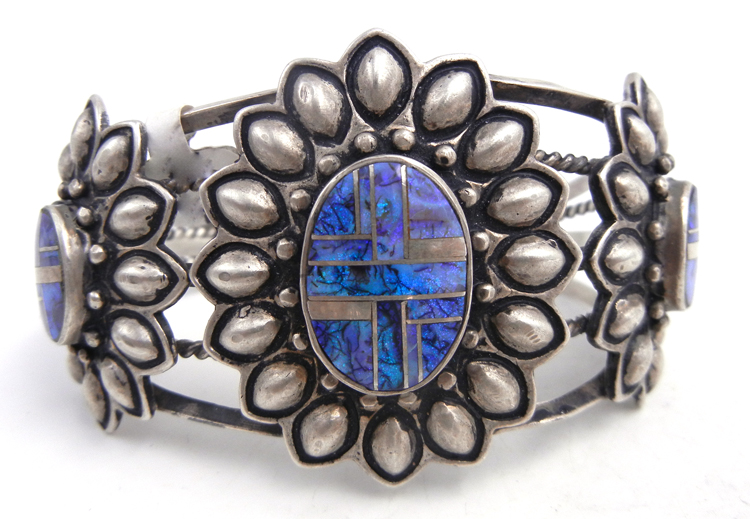 Navajo spider opal and sterling silver inlay triple flower pattern cuff bracelet
