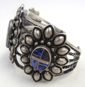 Navajo Spider Opal and Sterling Silver Inlay Triple Flower Pattern Cuff Bracelet