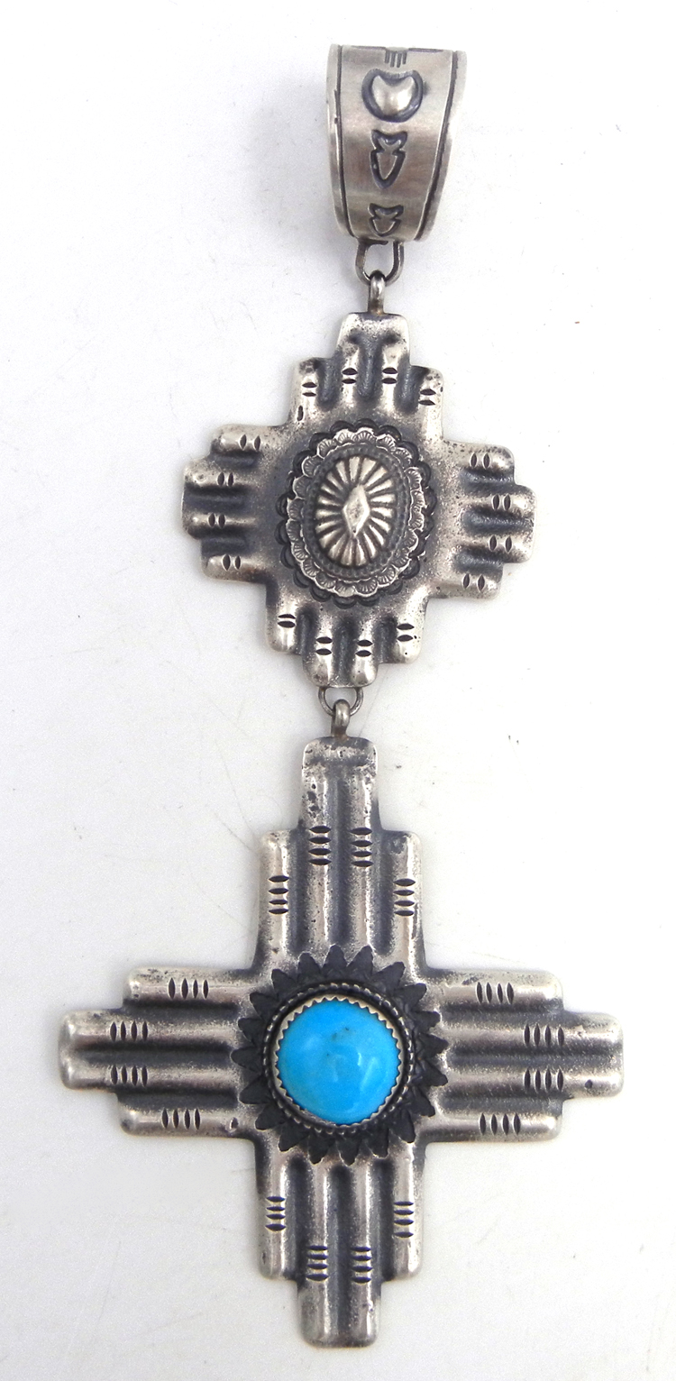 Navajo large brushed sterling silver and turquoise double Zia symbol pendant