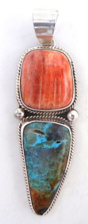 Navajo turquoise, red spiny oyster shell and sterling silver pendant by Bennie Ration