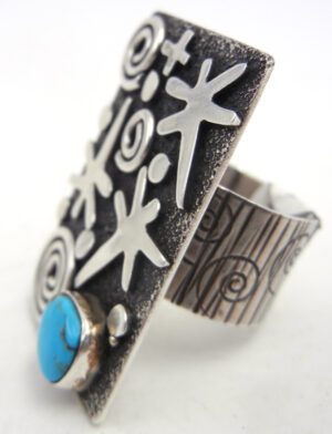 Navajo Alex Sanchez Sterling Silver and Turquoise Petroglyph Style Ring