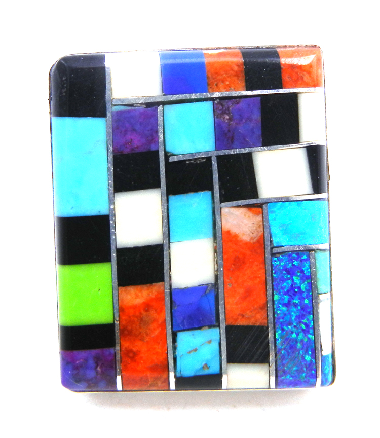 Santo Domingo multi-stone geometric inlay and sterling silver ring by Ronald Chavez