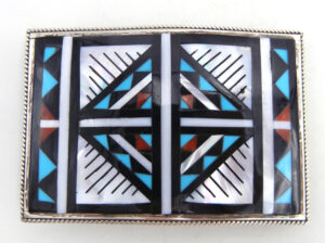 Zuni multi-stone geometric inlay and sterling silver belt buckle