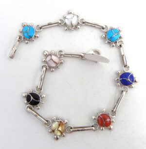 Zuni multi-stone and sterling silver inlay turtle link bracelet