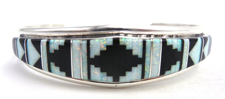 Zuni jet, white lab opal and sterling silver inlay cuff bracelet