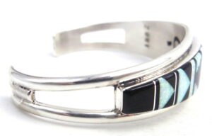 Zuni Jet, White Lab Opal and Sterling Silver Inlay Cuff Bracelet