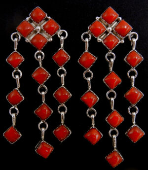 Zuni coral and sterling silver cascading diamond dangle earrings