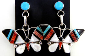 Zuni large multi-stone inlay and sterling silver butterfly post dangle earrings by Angus Ahiyite