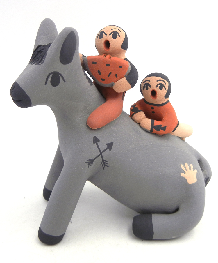 Jemez handmade donkey figurine with two children by Chrislyn Fragua