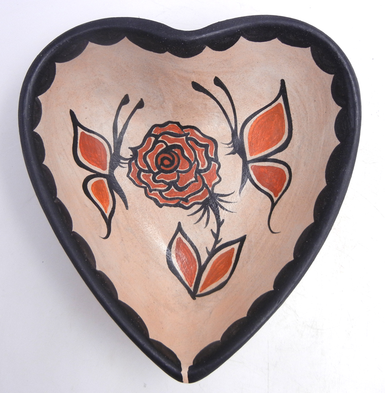 Santo Domingo large heart shaped bowl with rose and butterfly designs by Billy Veale