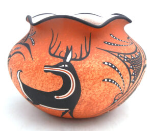 Zuni Deldrick Cellicion Handmade and Hand Painted Deer with Heartline Scallop Rimmed Jar with Three Dimensional Lizard