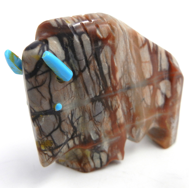 Zuni carved Picasso marble buffalo fetish with turquoise accents by Todd Etsate