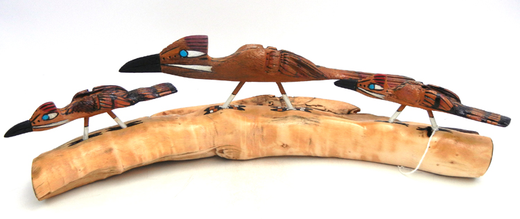 Zuni carved cottonwood triple roadrunner fetish by Alan Lewis