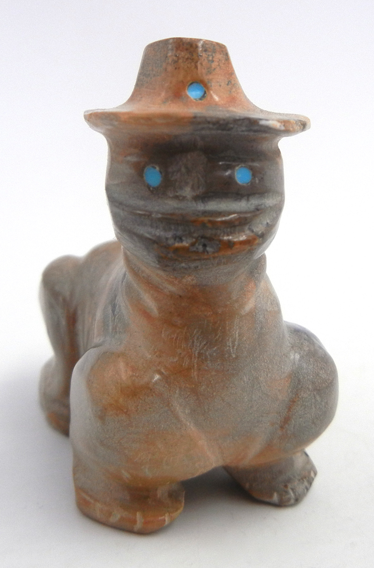 Zuni carved Picasso marble frog fetish with hat by Freddie Leekya
