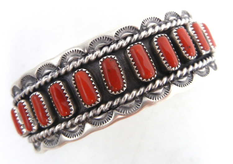 Navajo coral and sterling silver row cuff bracelet by Colton Charley