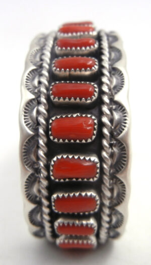 Navajo Colton Charley Coral and Sterling Silver Row Cuff Bracelet