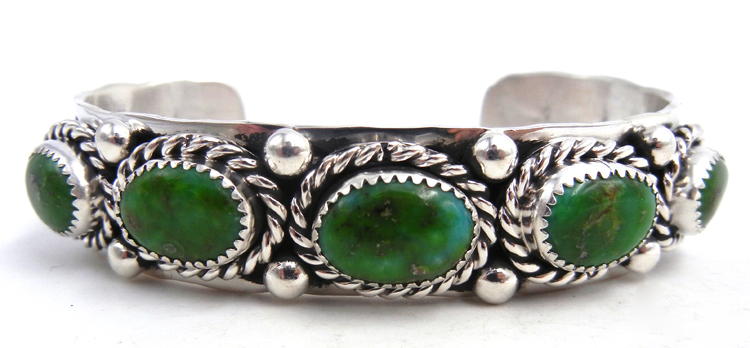 Navajo green turquoise and sterling silver row cuff bracelet by Elroy Chavez
