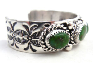 Navajo Elroy Chavez Green Turquoise and Sterling Silver Row Cuff Bracelet