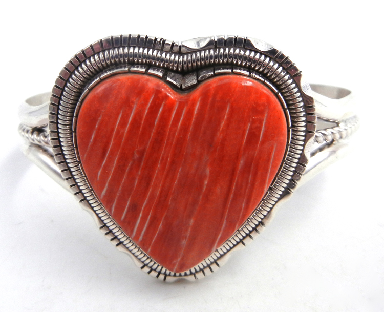 Navajo red spiny oyster shell and sterling silver heart cuff bracelet by Walter Vandever